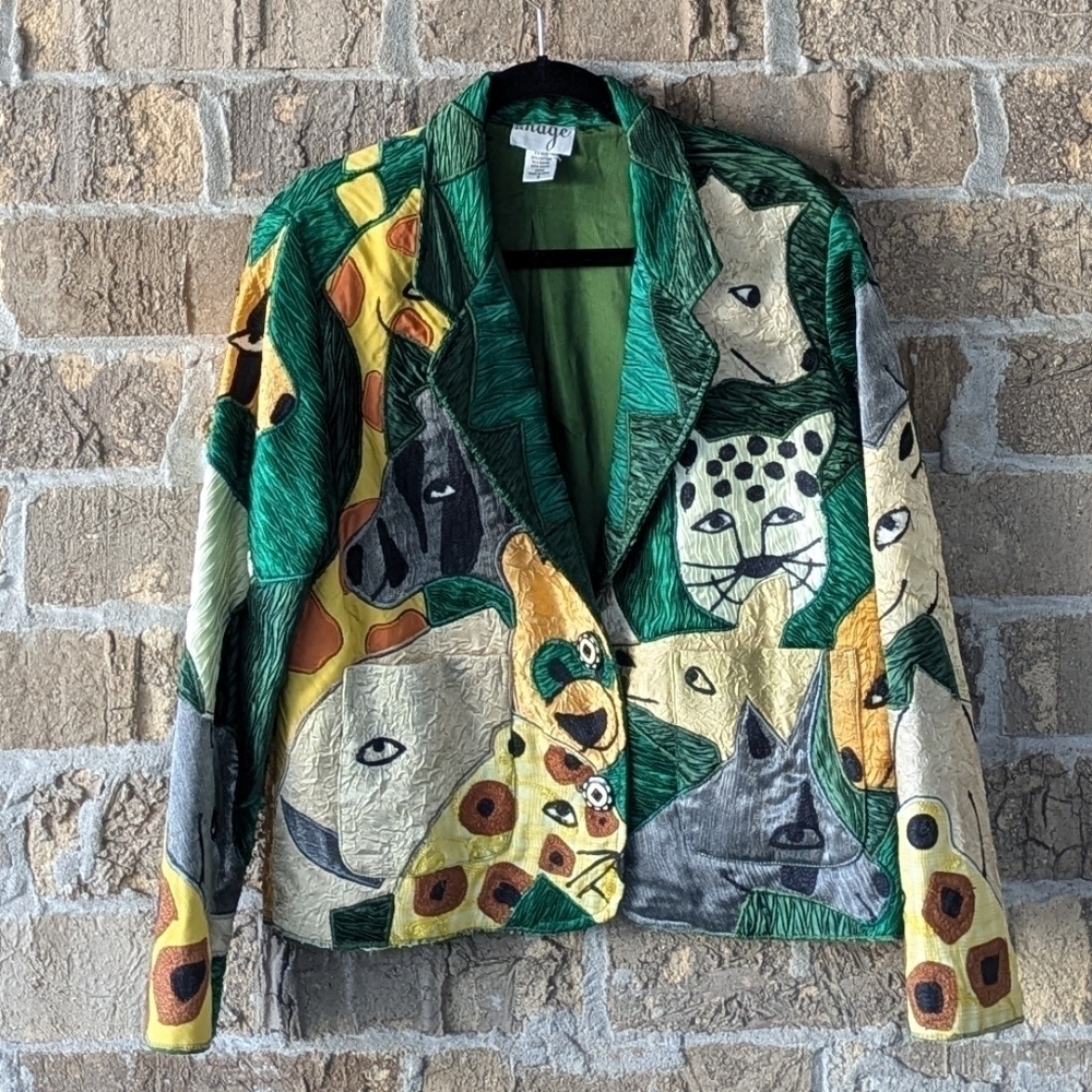 Vintage 90s Anage Jungle Cats Giraffe Zebra Patchwork Blazer Size Small - Picture 1 of 13